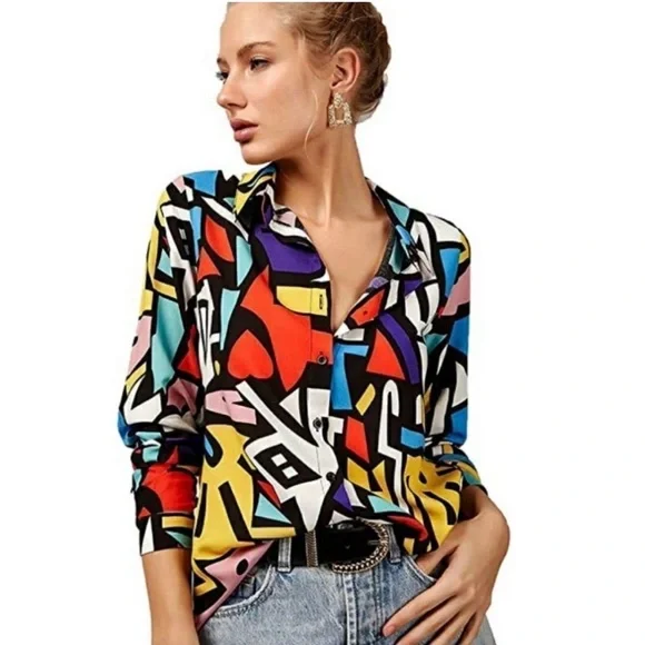 80’s Vintage Vibes Artistic Cubism Style Size M Abstract Geometric Button Up - Picture 1 of 9